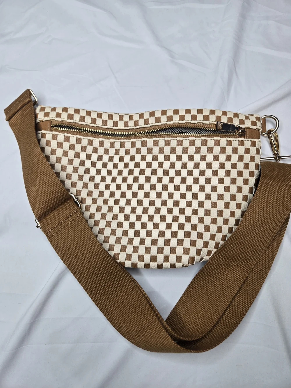 Checkerboard Brown & Cream Crossbody Bag with Wide Strap - Picture 5 of 6